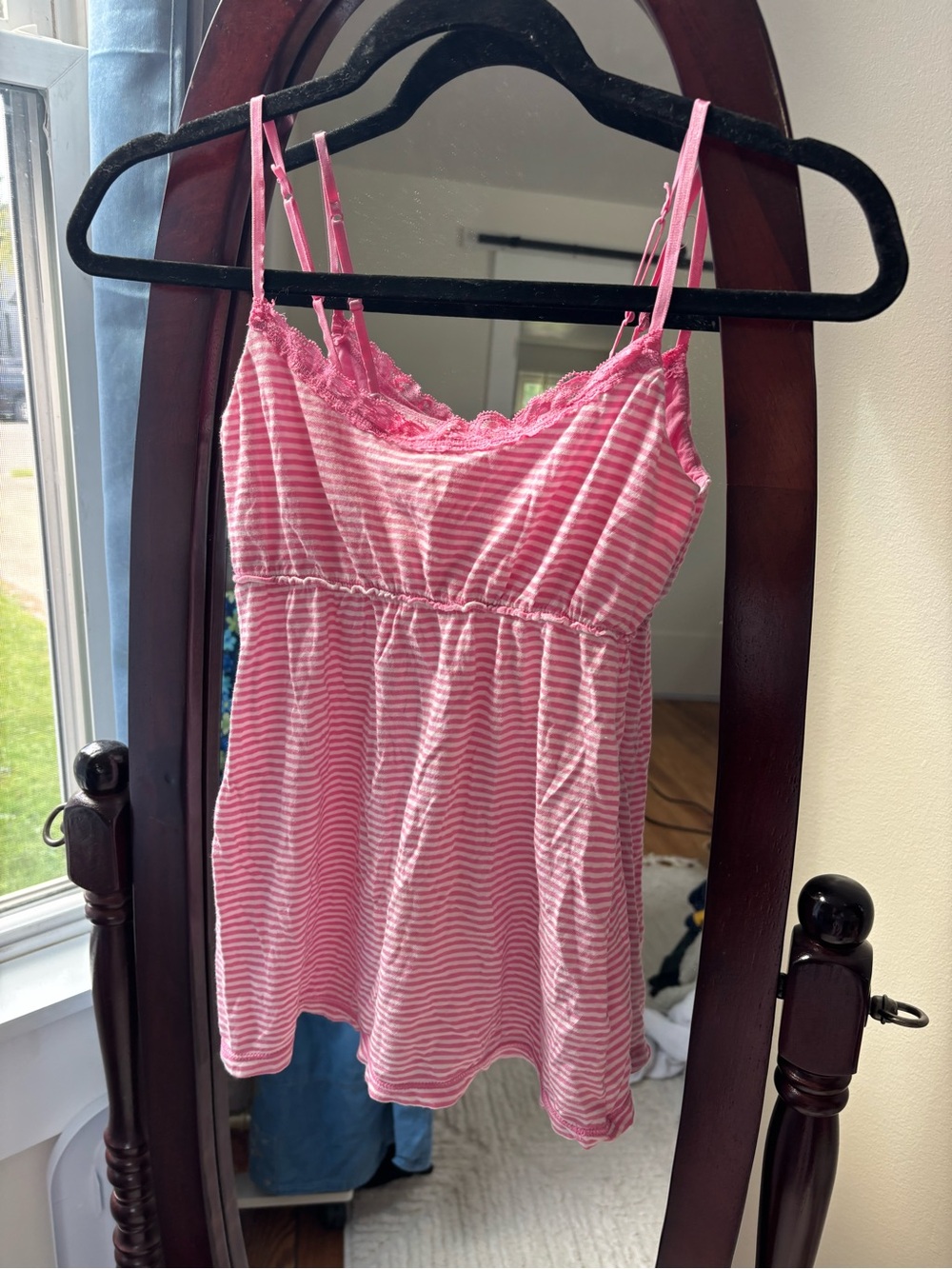 Pink Striped Lace-Trim babydoll Cami Top